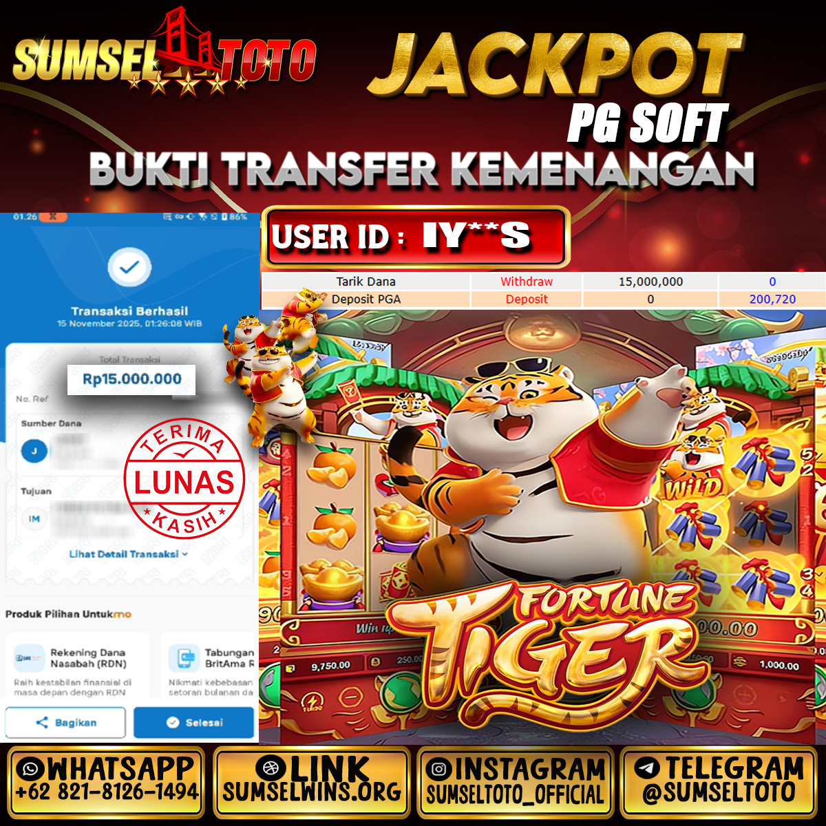 SUMSELTOTO JACKPOT SLOT FORTUNE TIGER Rp.15.000.000.,- LUNAS
